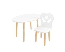 Детский комплект стол Овальный и стул Крылья с сердцем белый