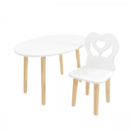Детский комплект стол Овальный и стул Крылья с сердцем белый, Bambini Letto