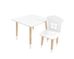 Детский комплект стол Квадратный и стул Домик белый, с носочками