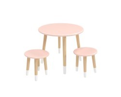 Детский комплект Круглый стол и 2 круглых табурета розовый, с носочками