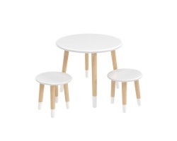Детский комплект Круглый стол и 2 круглых табурета белый, с носочками