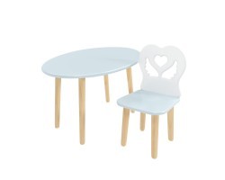 Детский комплект стол Овальный и стул Крылья с сердцем голубой