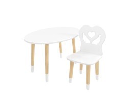 Детский комплект стол Овальный и стул Крылья с сердцем белый, с носочками