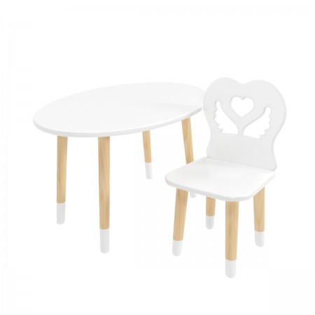 Детский комплект стол Овальный и стул Крылья с сердцем белый, с носочками, Bambini Letto
