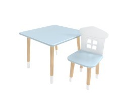 Детский комплект стол Квадратный и стул Домик голубой, с носочками