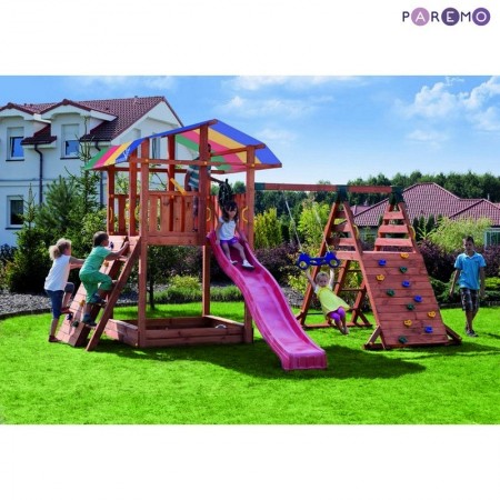 Набор для игровой площадки: детский домик с песочницей, тентом, горкой и 2мя качелями, 2мя скалодром, PAREMO