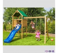 Набор для игровой площадки: детский домик с песочницей и 2скатной крышей, горкой и 2мя качелями